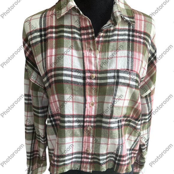 JUST POLLY sz M Plaid Flannel Shirt Cropped Button-Down Top White Pink Green Blk - Picture 1 of 5